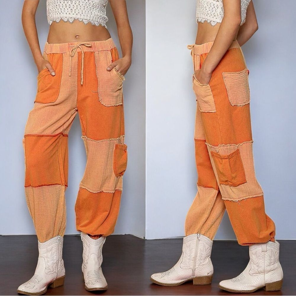 POL Jogger Pants Orange Patchwork Adjustable Drawstring Cargo Pockets Contrast M - Picture 3 of 7